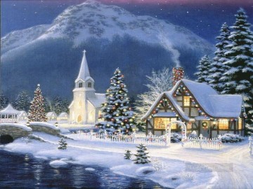 雪 Painting - クリスマスイブに雪が降る村